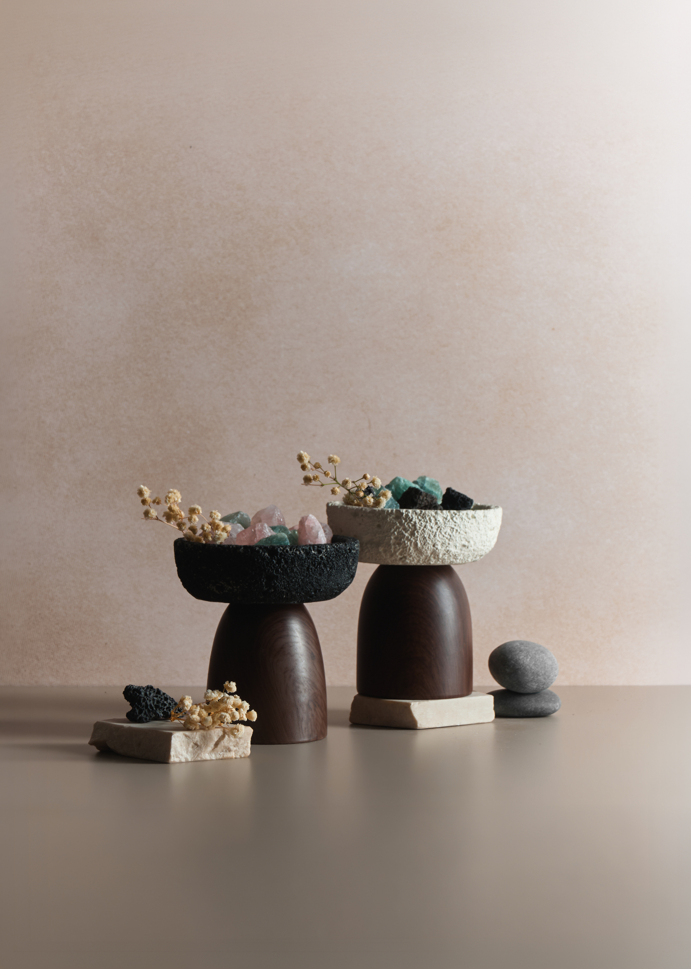 SOUL ceramic vessels with rose quartz, dream amethyst, green fluorite and baby's breath