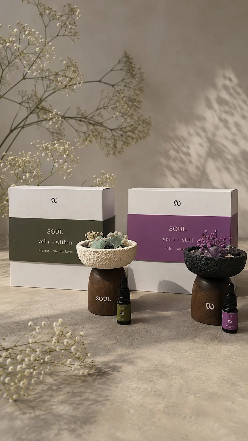 still and within ritual sets with ceramic vessels, mineral stones, fragrance oil, and gift boxes