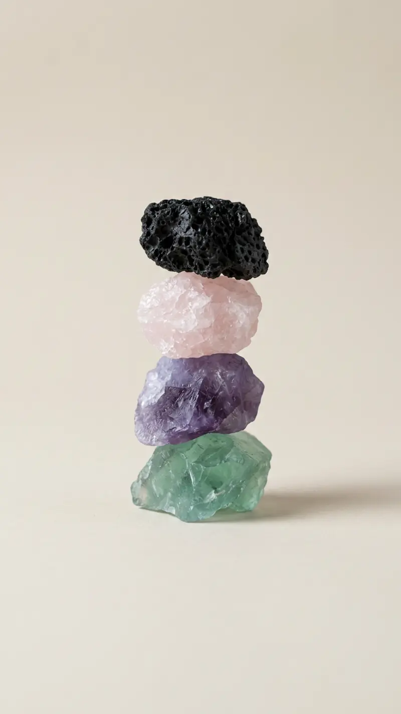 Stacked volcanic stone, rose quartz, Dream Amethyst, and green fluorite