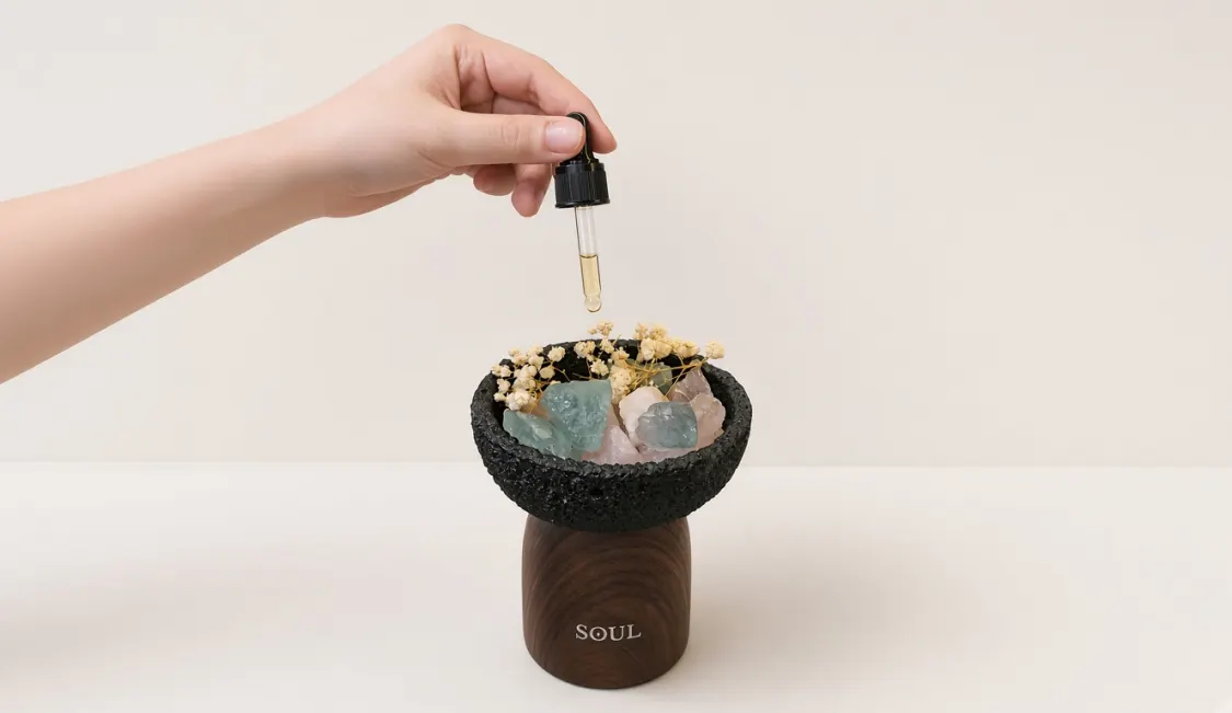 A hand adding fragrance oil to a SOUL vessel filled with stones and dried flowers